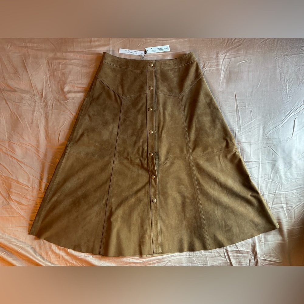 Alice + Olivia Calica Suede Camel Skirt Button-Front A-Line Lambskin - Picture 7 of 9